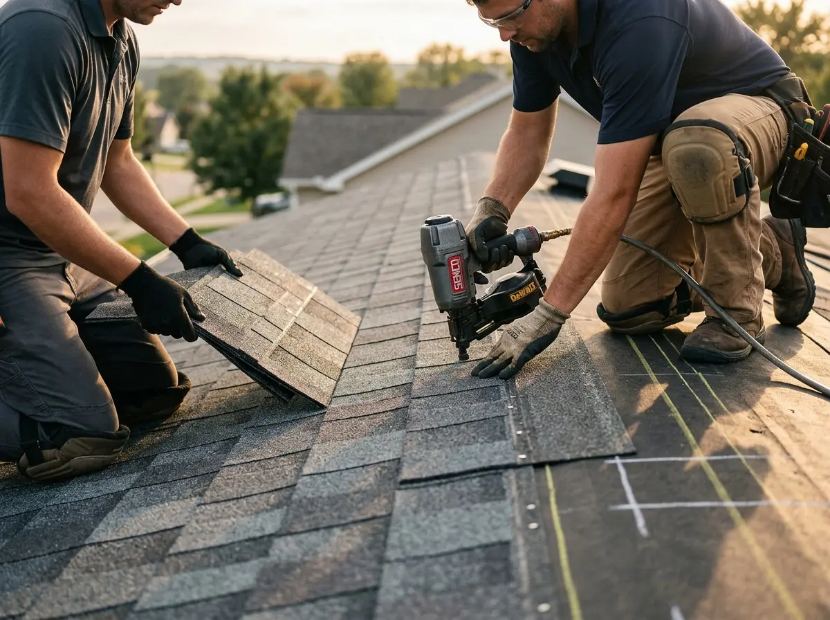 Professional roofer working on a residential roof in Stickney